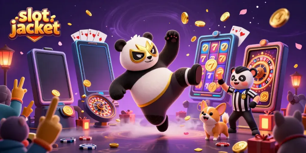 Engaging scene of a panda wrestler showcasing a slot jackpot with dynamic casino elements