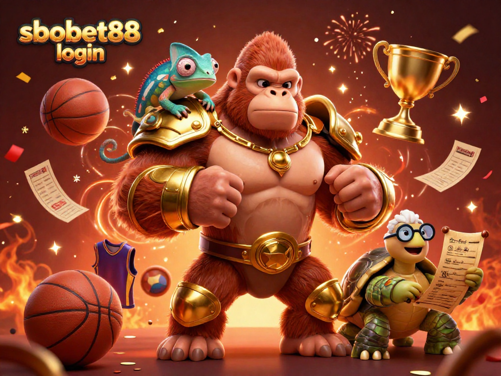 Engage in winning moments with sbobet88 login, featuring a powerful gorilla king and dynamic sports elements.
