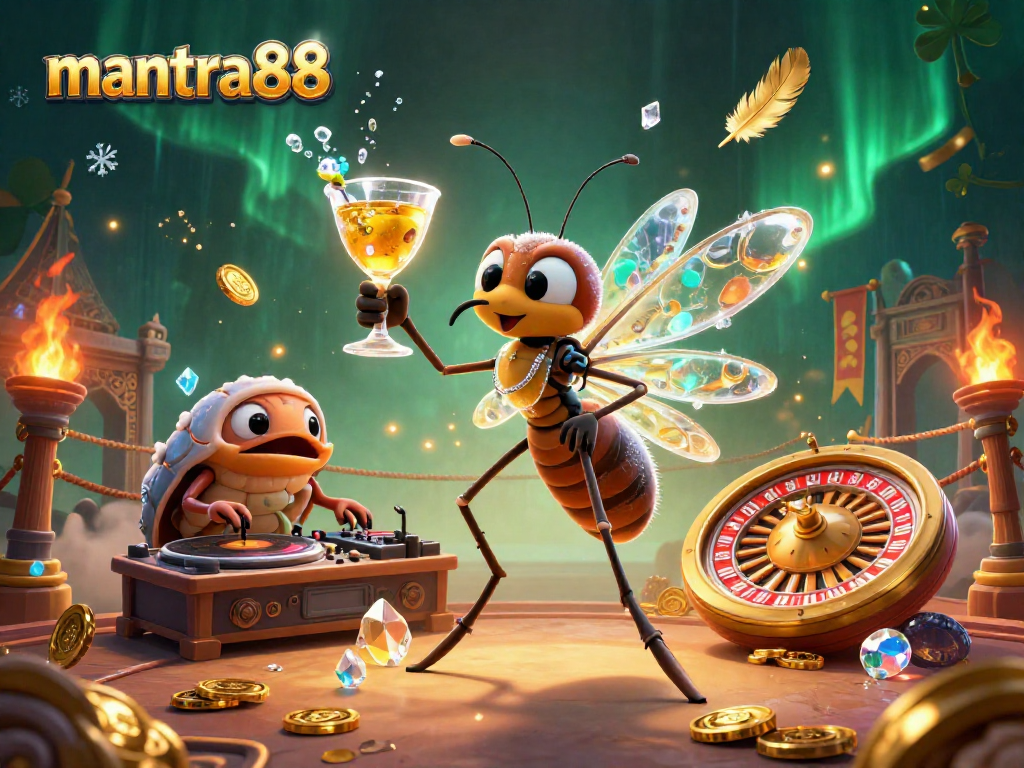 mantra88 casino mascot engages players in a vibrant gambling atmosphere with surreal elements.