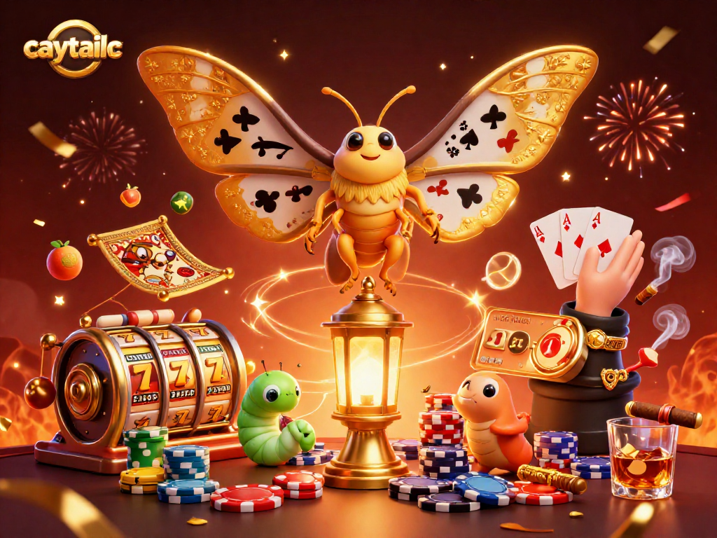 Caytailoc showcases a dynamic 3D scene with a moth symbolizing casino luck among vibrant slot elements.