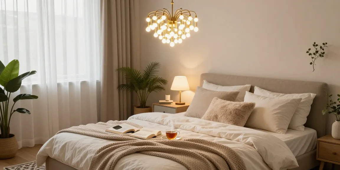 Lustra dormitor elegantă de LED într-un interior confortabil, cu atmosferă caldă.