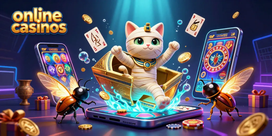 Experience thrilling moments at online casinos with a unique Egyptian-themed illustration featuring a mummy cat and golden treasures.