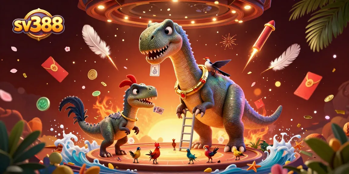 Experience SV388's captivating online cockfighting with an energetic 3D illustration