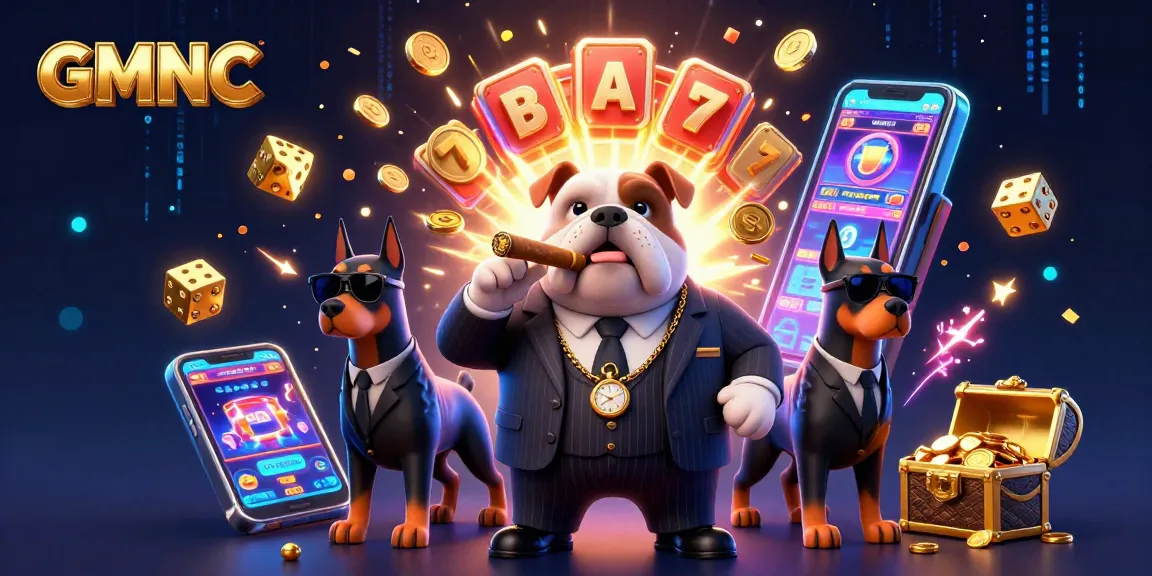 Experience GMNC's thrilling casino spotlight, featuring a mafia boss, slot machine action, and dynamic game symbols.