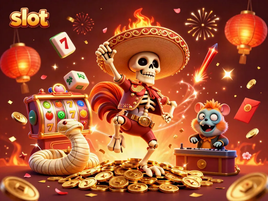 Experience exciting slot action with vibrant characters celebrating amidst golden coins and fireworks.