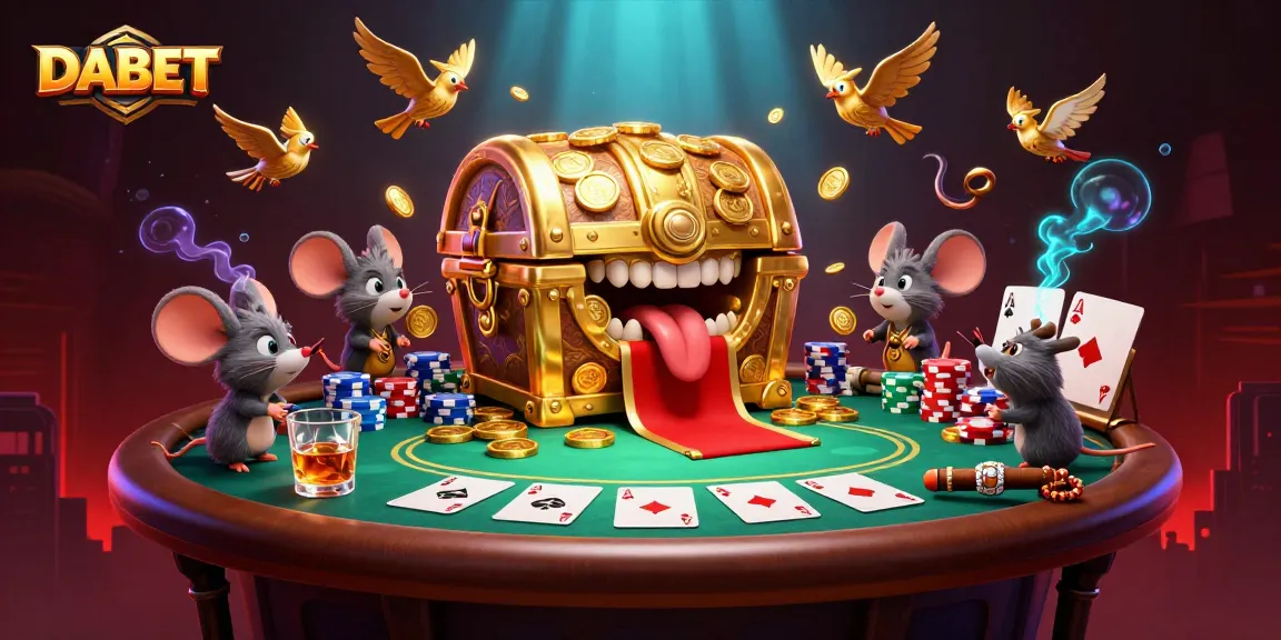 DABET showcases an enchanting scene with adventurer mice lured by a treasure chest amidst poker elements.