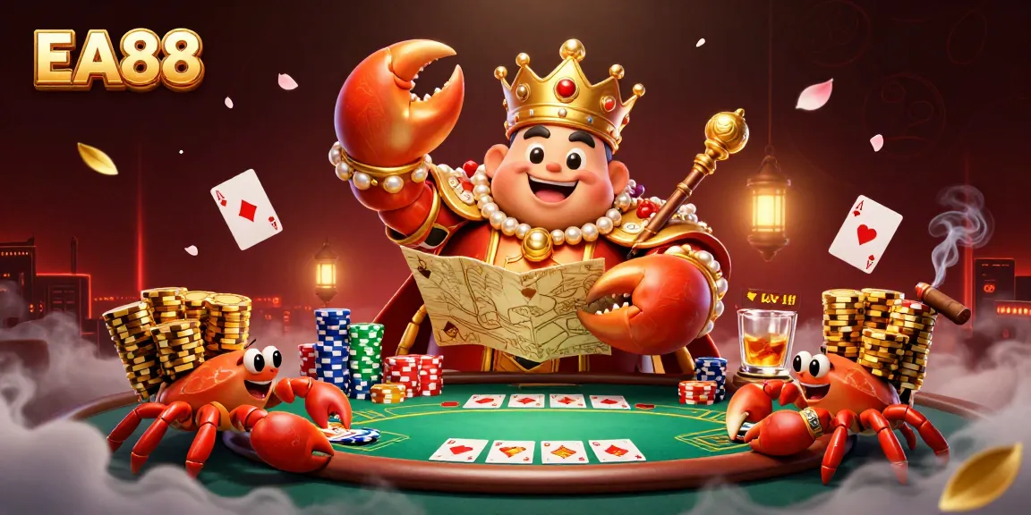 Engage with EA88's exhilarating gaming world, featuring a majestic crab king surrounded by poker elements.