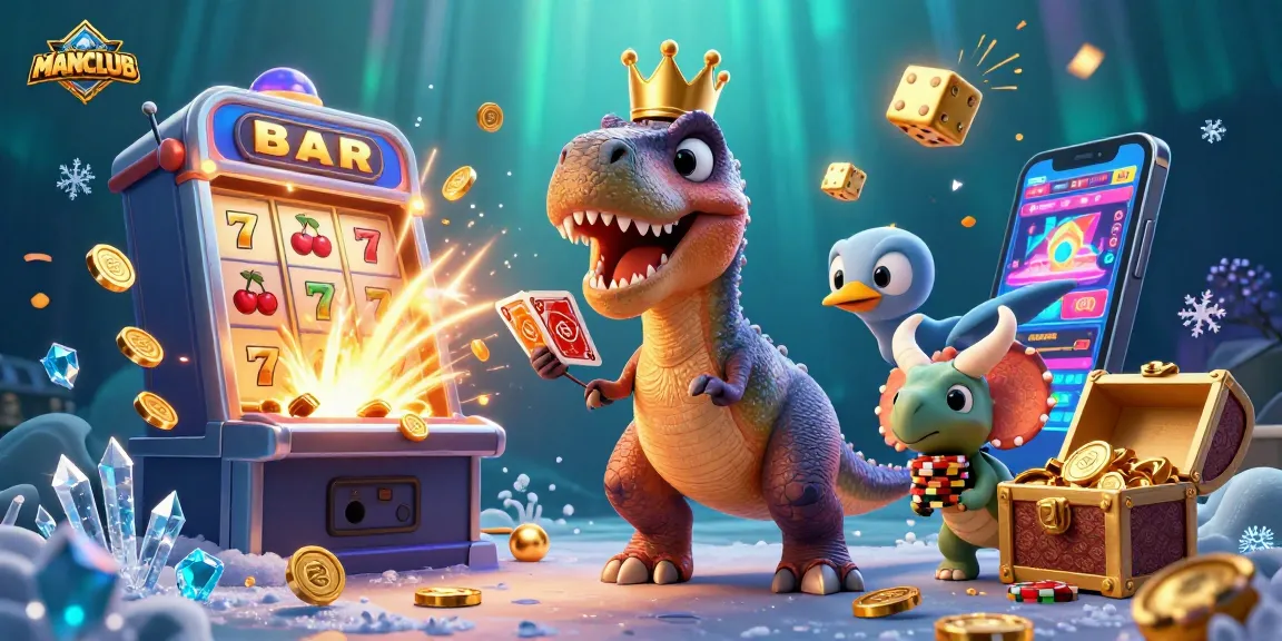 Experience thrilling wins at MANCLUB with vibrant 3D casino elements and playful dinosaur characters.