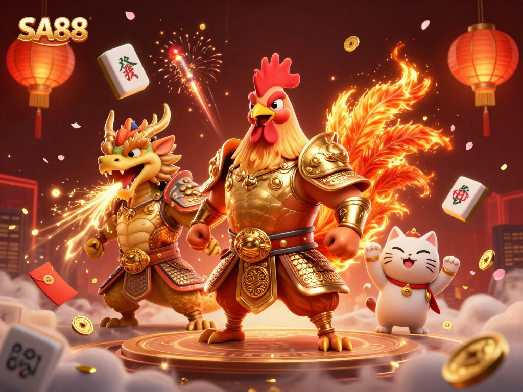 Experience thrilling moments at SA88 with a vibrant 3D illustration featuring a courageous rooster warrior and dragon.