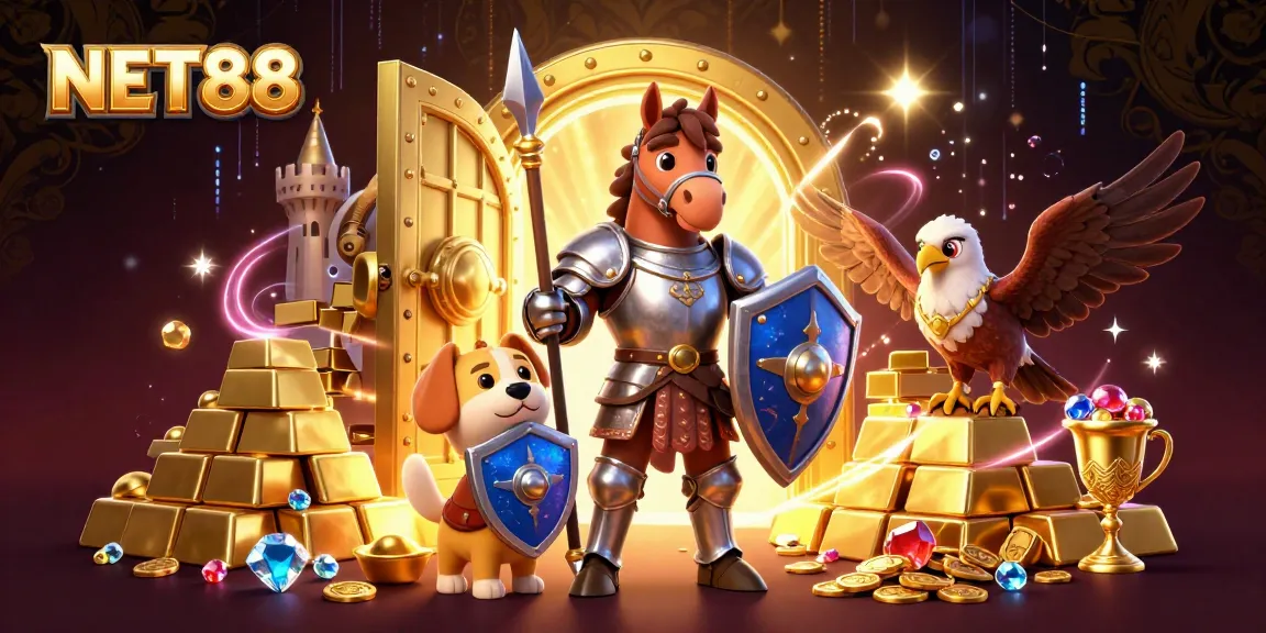 Engage with NET88's thrilling atmosphere portraying a medieval knight, squire puppy, and falcon amidst vibrant casino riches.