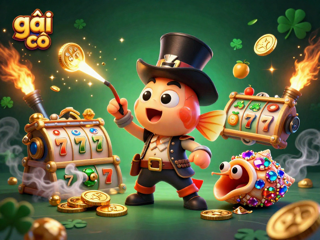 Gái gọi chào mừng trong một trường cảnh 3D casino đầy màu sắc với những biểu tượng slot chạy, lấp lánh vàng.