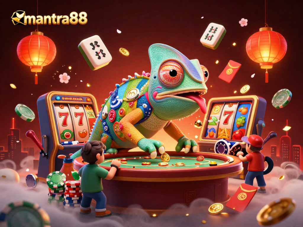 Spin to win with mantra88 as the chameleon owner collects golden coins and plays in a lively casino.