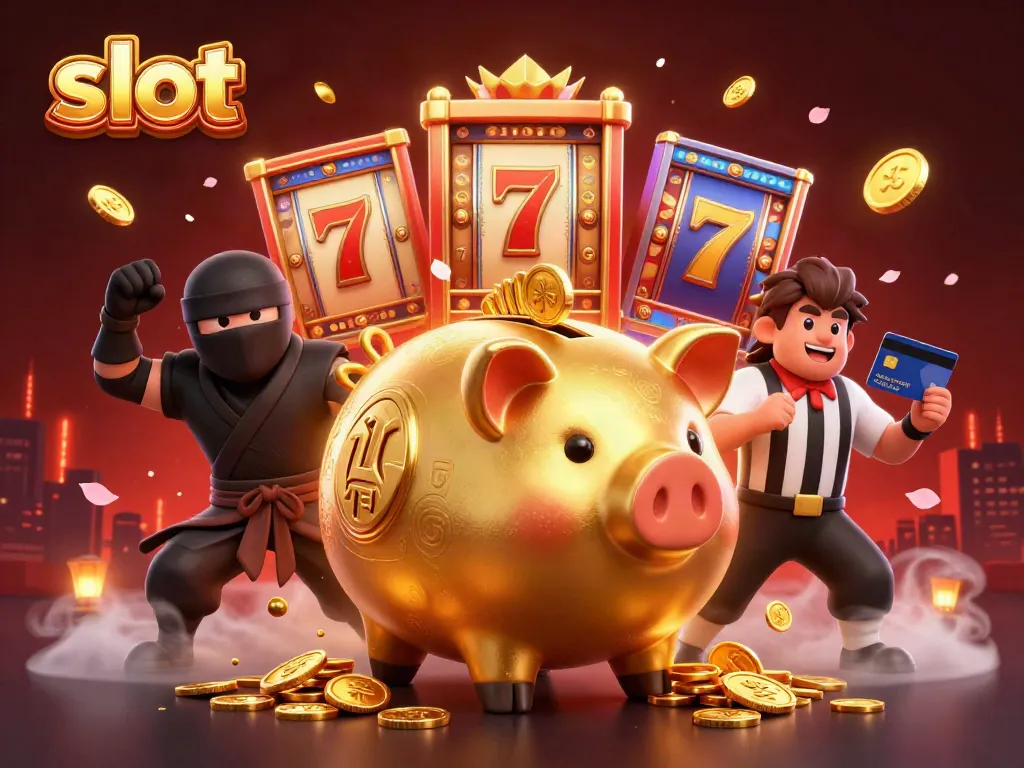 Experience thrilling slot action with a piggy bank sumo wrestler and ninja opponent in a dynamic 3D illustration.