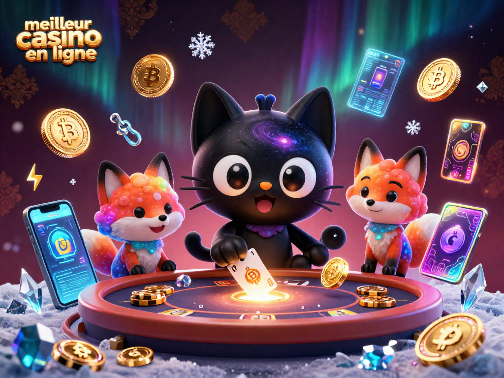 Jouez pour gagner au meilleur casino en ligne, une illustration captivante d'un chat noir de trou de ver entouré de jetons et de cartes.