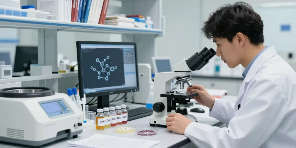 Researcher analyzing Healthy Peptides in a modern laboratory setting.