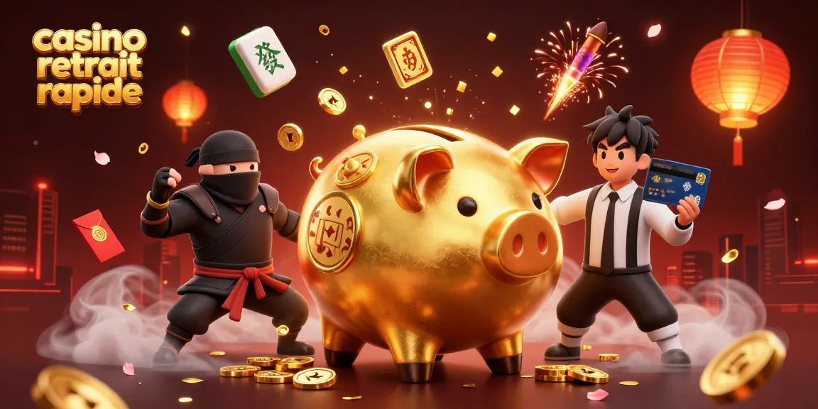 Illustration dynamique sur le thème du casino retraçant les interactions du cochon tirelire sumo, ninja et samouraï, mettant en avant le casino retrait rapide.