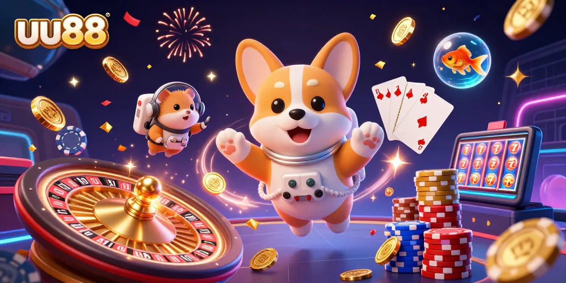 Experience the thrills of uu88 with a 3D illustration of a floating casino scene featuring vibrant interactive gameplay elements.