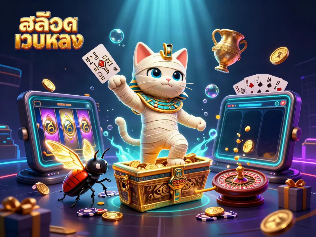 Experience the excitement of สล็อตเว็บตรง with an Egyptian mummy cat bursting from a sarcophagus in a vibrant casino scene.