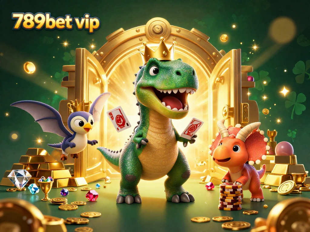Experience the excitement of 789bet vip with charming cartoon dinosaur characters playing cards and stacking chips.