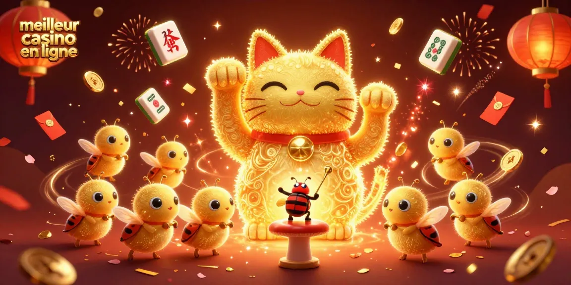 Visualisez le meilleur casino en ligne animé avec un chat porte-bonheur entouré de joyaux colorés.
