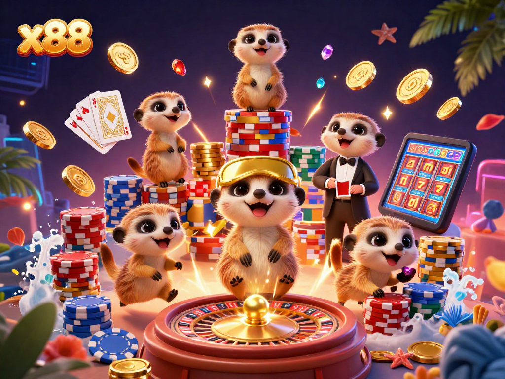 Experience the exciting world of x88 with cartoon meerkats in a dynamic casino scene.