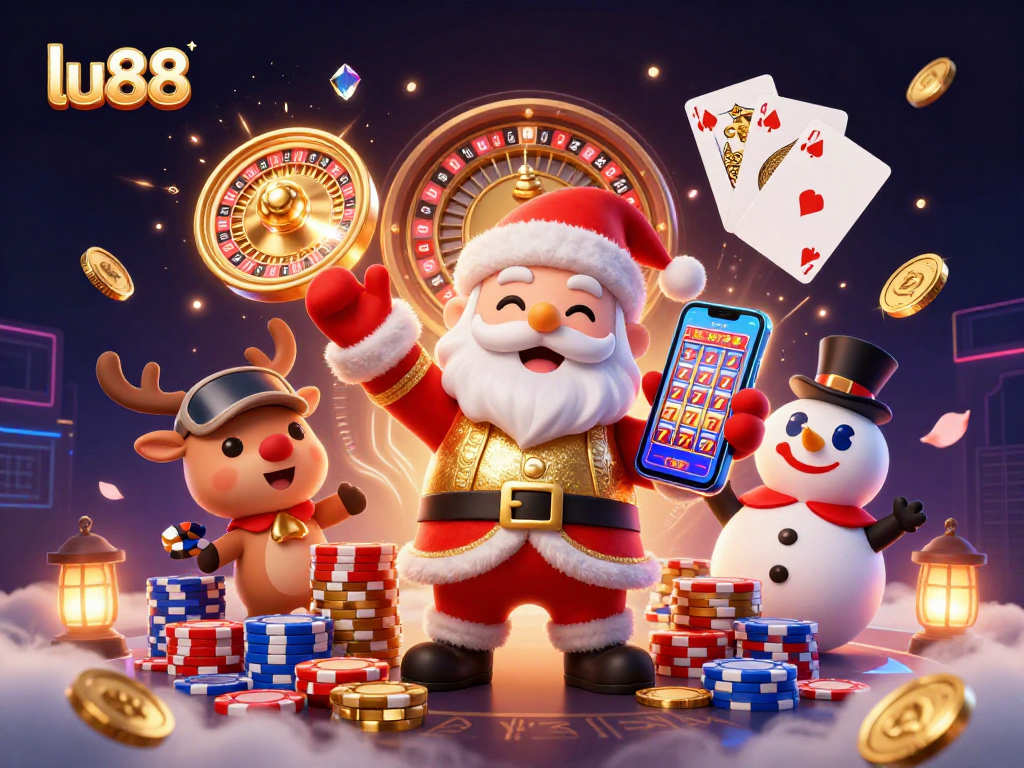 lu88 engages players with a vibrant 3D scene showcasing a festive casino atmosphere filled with jackpots.