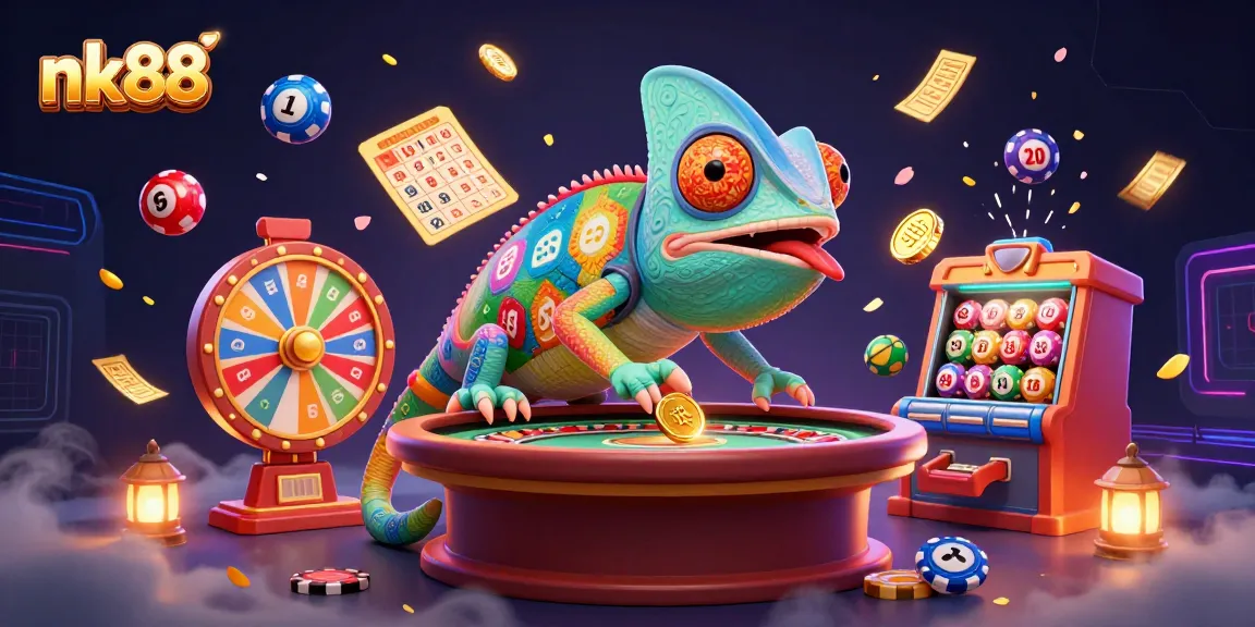Experience thrilling gaming action at nk88 with vibrant lottery balls, a dynamic chameleon owner, and colorful casino elements.