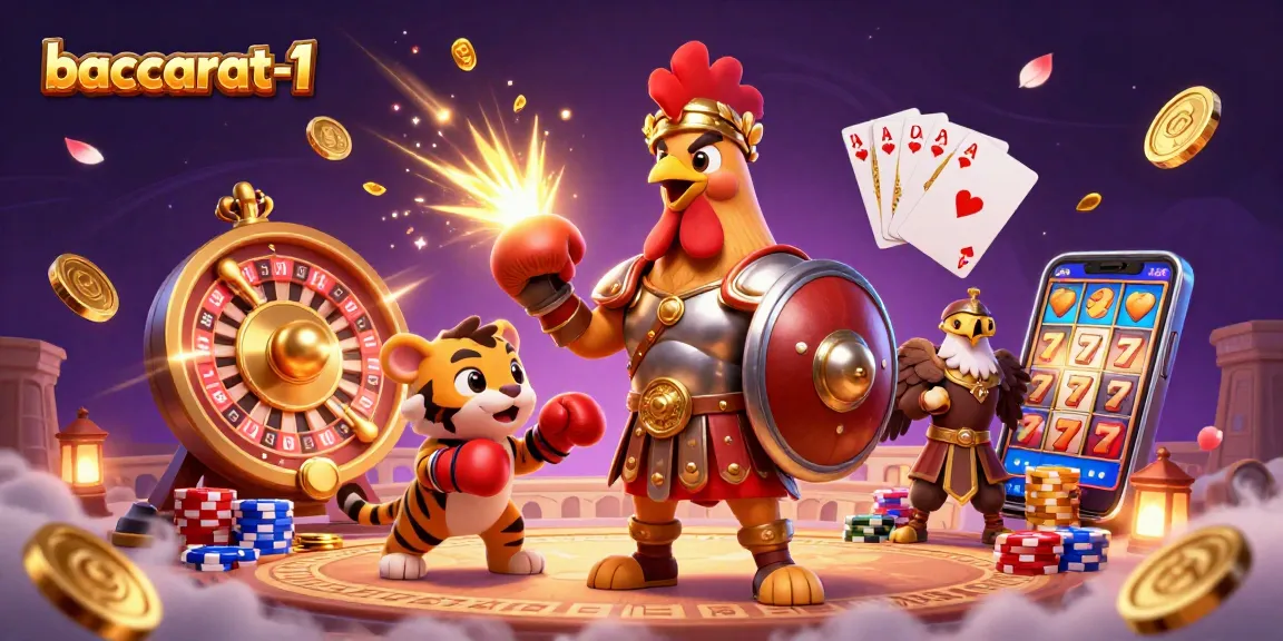 Baccarat-1 showcases an exciting scene with a gladiator rooster and a tiger cub amidst vibrant casino elements.