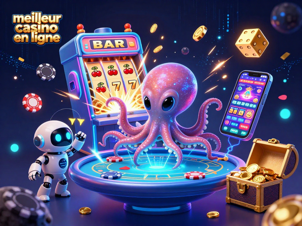 Visuel vibrant de "meilleur casino en ligne" illustrant un poulpe extraterrestre jouant au poker dans un univers animé.