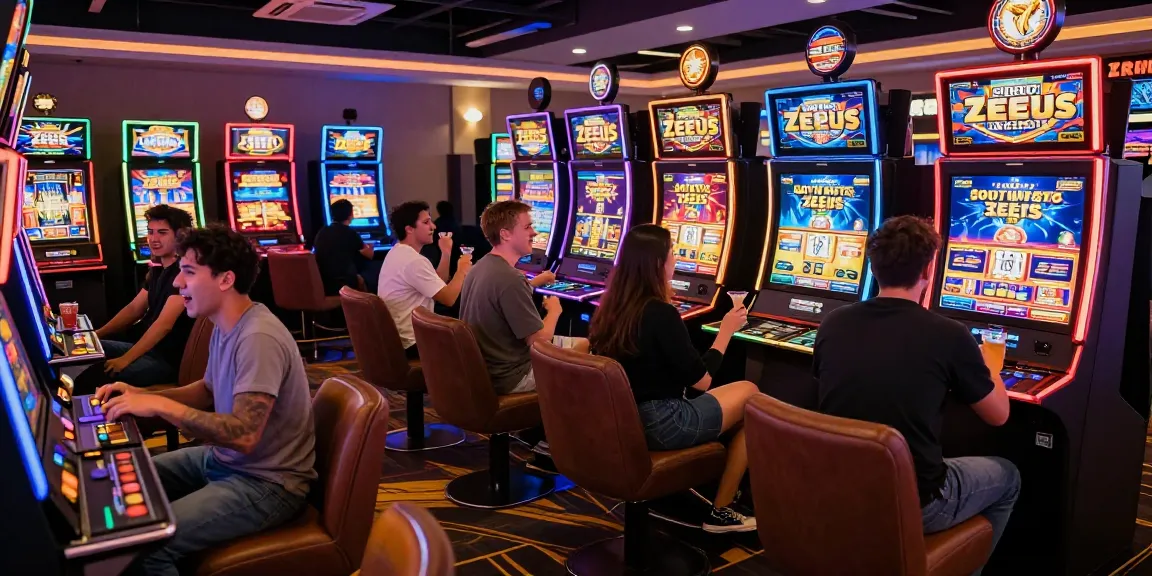 Engaging atmosphere of players enjoying Slot Zeus at a vibrant casino, showcasing colorful gaming machines and lively interactions.