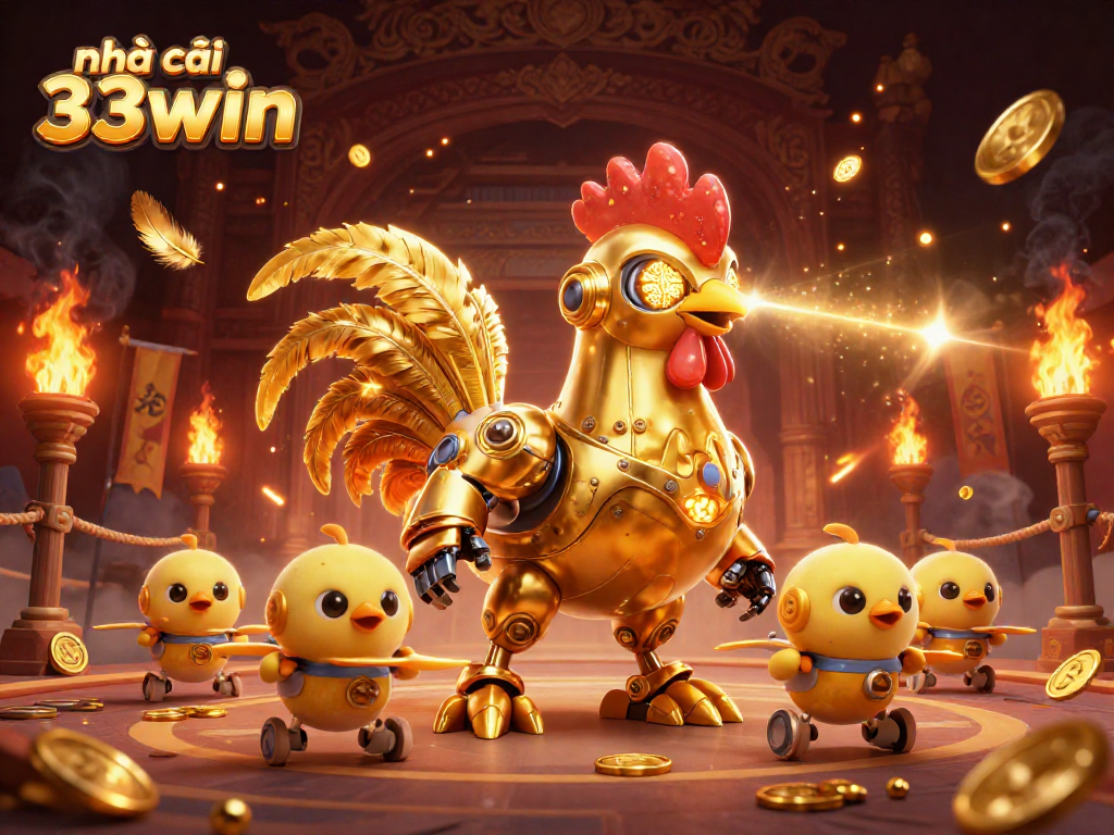 Engage with the action at nhà cái 33win, featuring a futuristic rooster robot and chick drones in a vibrant casino scene.