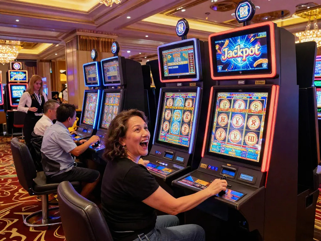 Excited player wins at slot gacor machine in lively casino atmosphere.