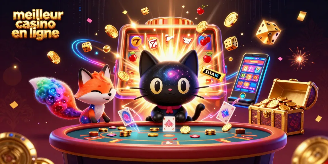 Profitez au meilleur casino en ligne avec un chat noir de trou noir et un renard nébuleux entourés d'éléments de jeux.
