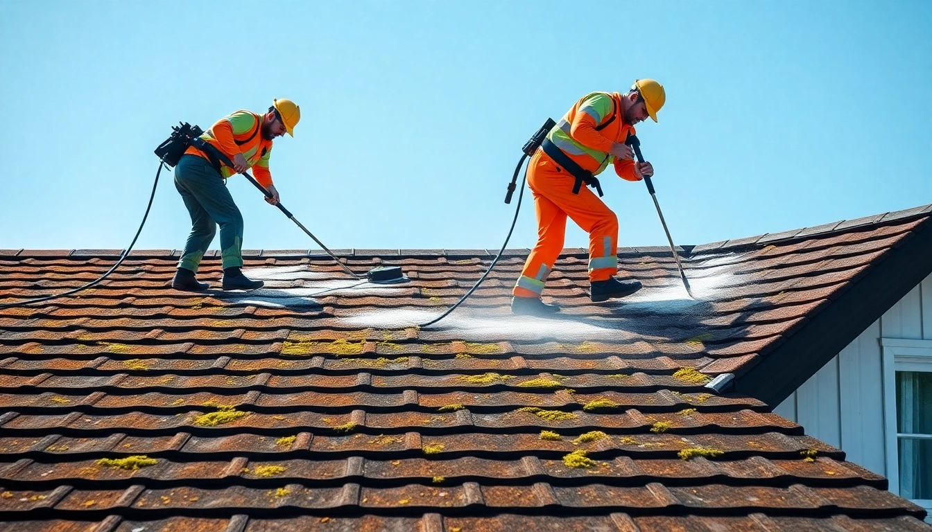 Roof Cleaning professionals removing algae and moss from a residential roof under bright sunlight.