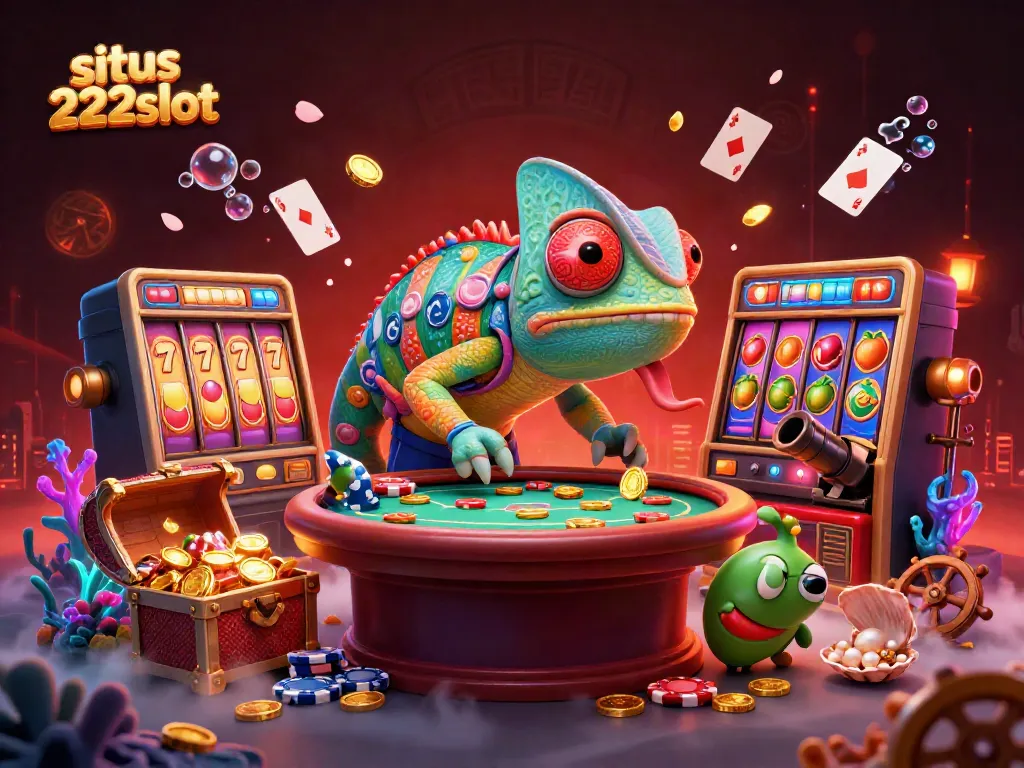 Gambarlah situs 222slot dengan chameleon kasino raksasa yang menangkap koin emas di latar permainan.