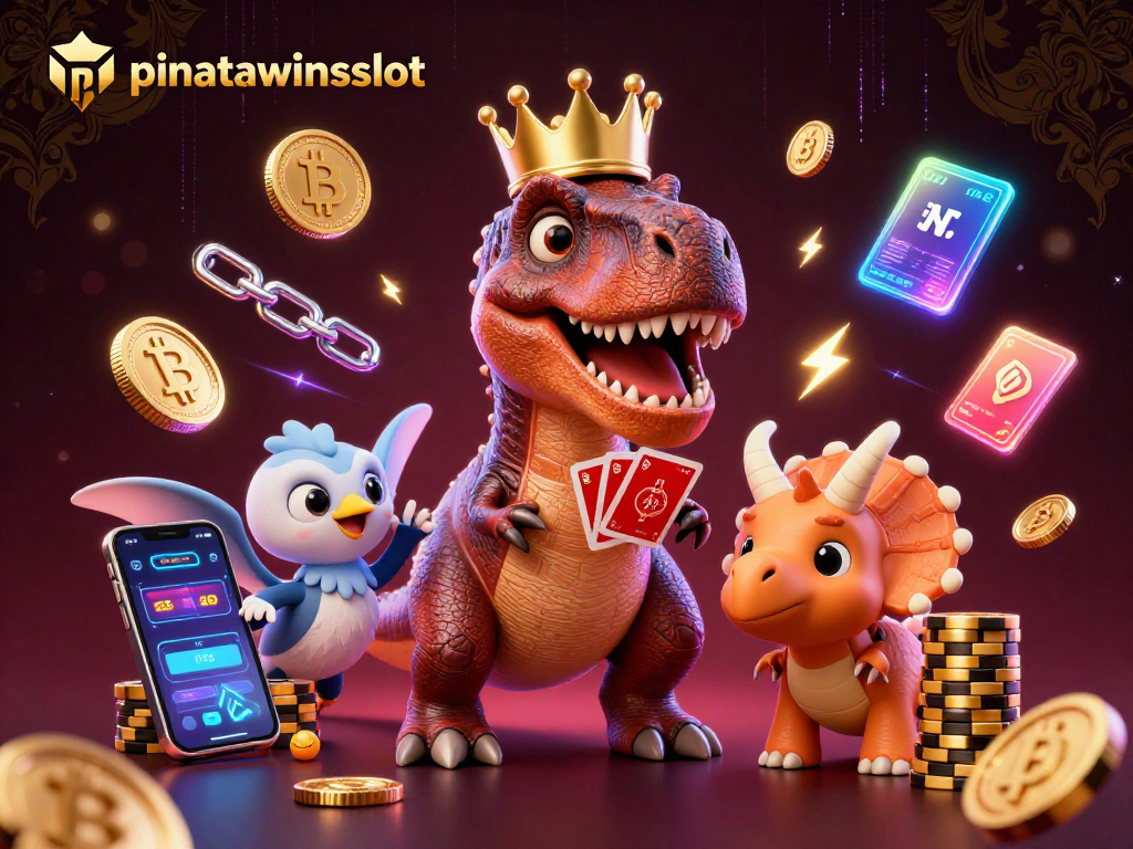 Experience the thrilling pinatawinsslot action with a T-Rex card dealer and colorful chips in this vibrant scene.
