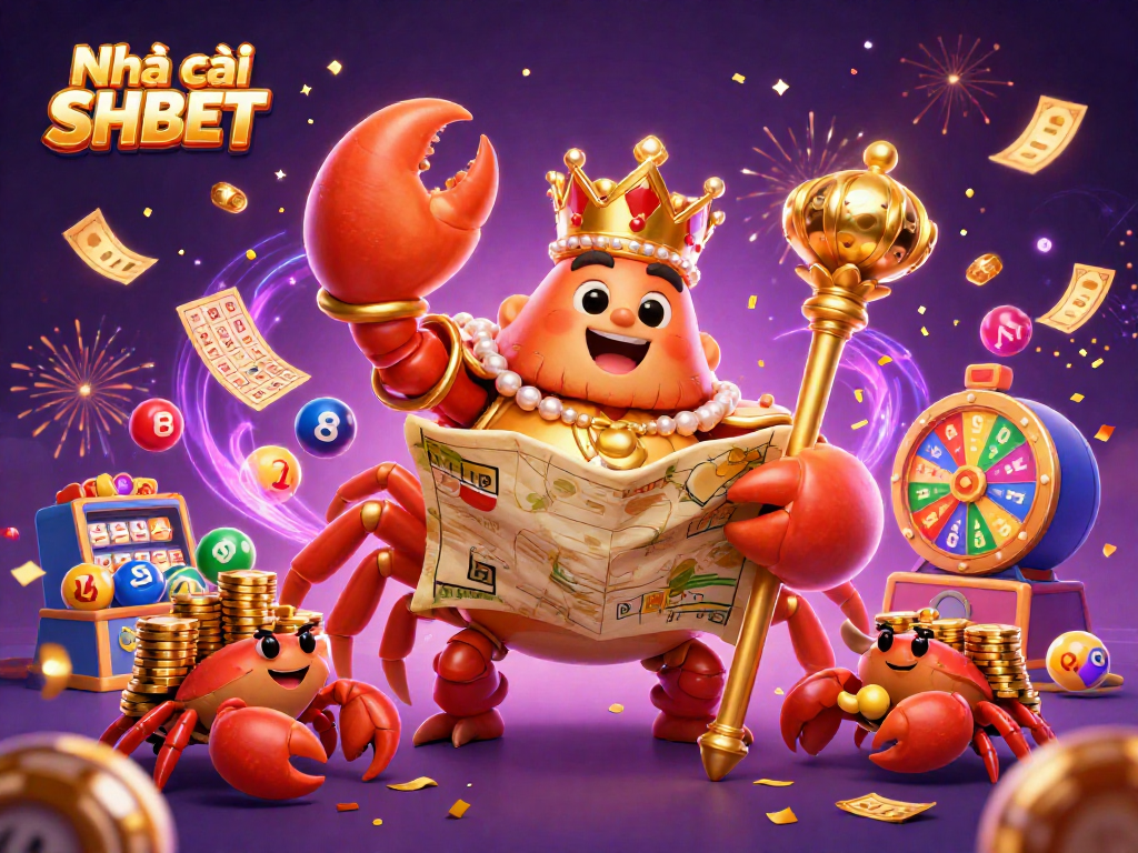 Engage with the excitement of Nhà cái SHBET featuring a golden crab emperor amidst vibrant lottery and gaming elements.