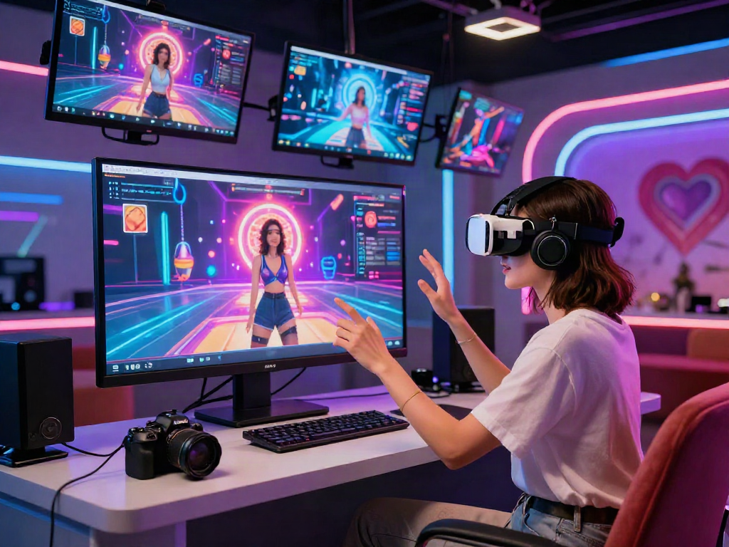 AI porn creation scene - model in modern studio with VR technology, vibrant animations, and engaging atmosphere