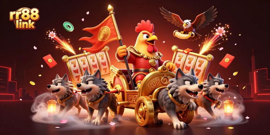 Experience the excitement of rr88 link with a dynamic casino scene featuring a rooster warlord and rich gambling elements.