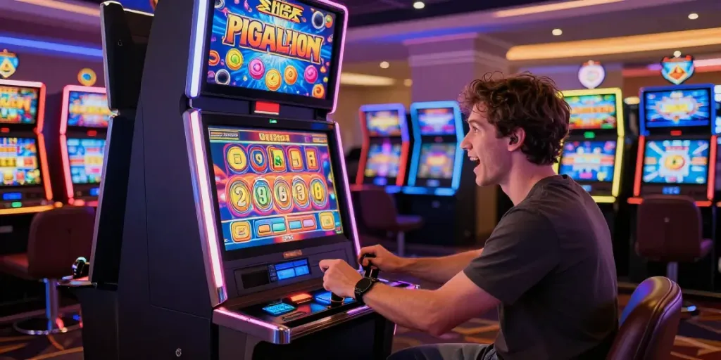 Player enjoying PG SLOT at a colorful casino slot machine with vibrant lights