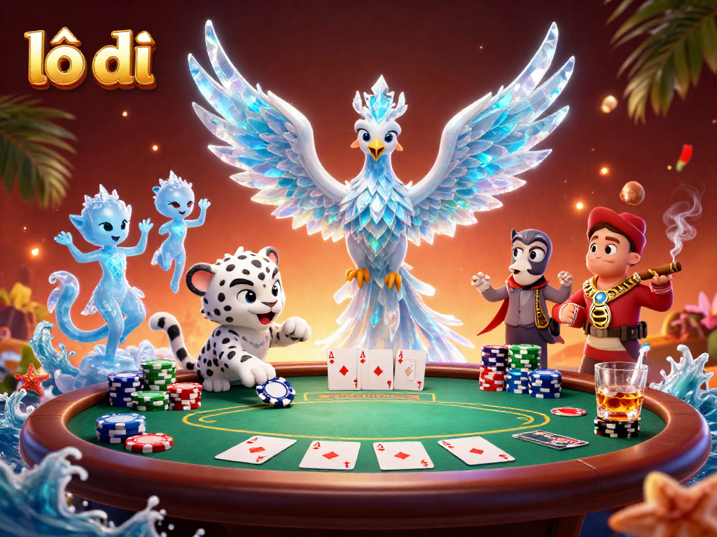 Engage in lô đề gameplay with a captivating scene involving an ice phoenix and poker elements.