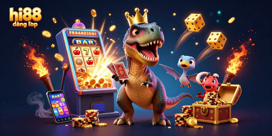 Experience the thrill of hi88 đăng nhập with cartoon dinosaurs in a vibrant casino scene full of jackpots and excitement!