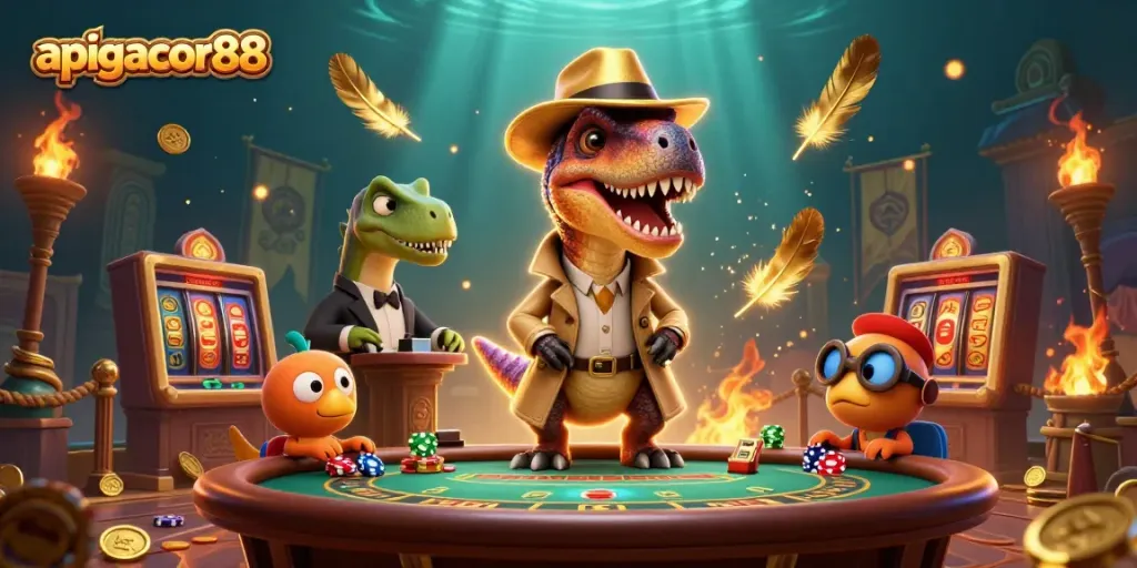 Engage in thrilling games at apigacor88 with a cartoon velociraptor counting cards amidst vibrant casino elements.