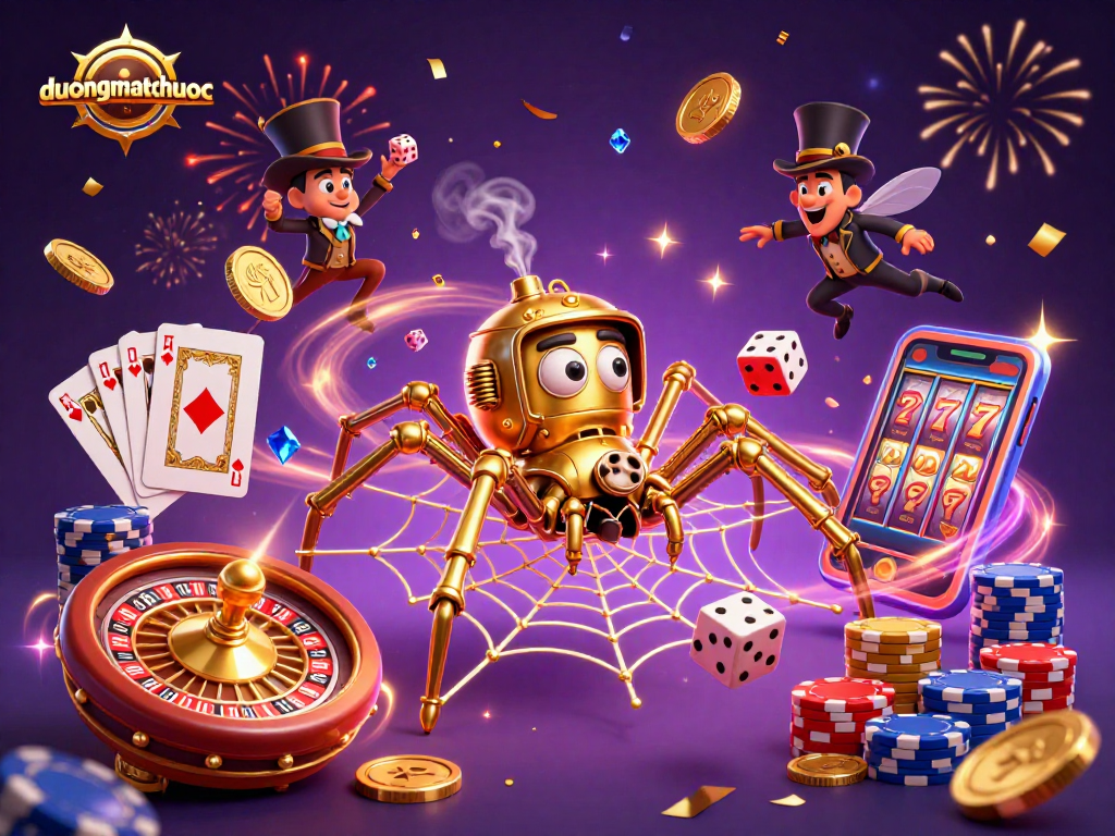Win big with duongmatchuoc as a golden spider ensnares dice in a vibrant casino scene.