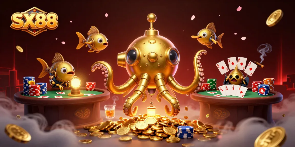 SX88 showcases a gold kraken submarine amidst poker elements, creating an engaging casino scene.
