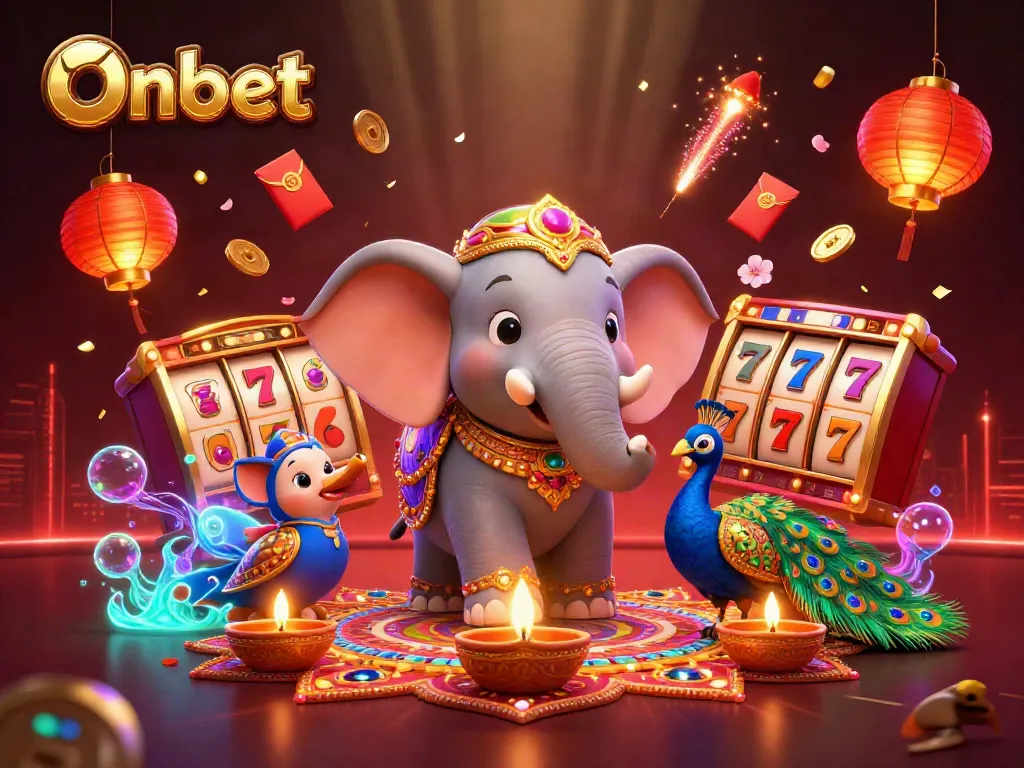 Test your luck with Onbet at this colorful casino scene featuring festive characters and lively game elements.
