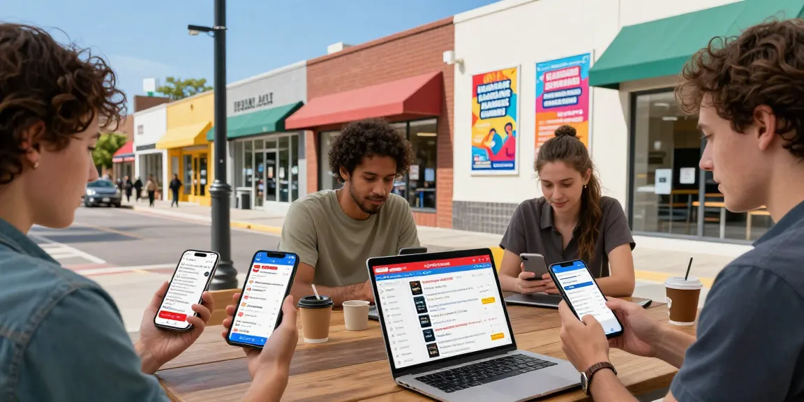 Community members interacting with bedpersonal's local classifieds platform in a vibrant urban setting.