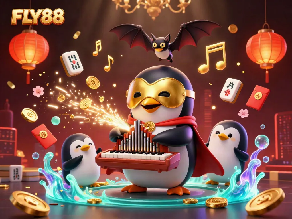 FLY88 showcases an engaging scene with a cartoon penguin playing an organ and winning coins.