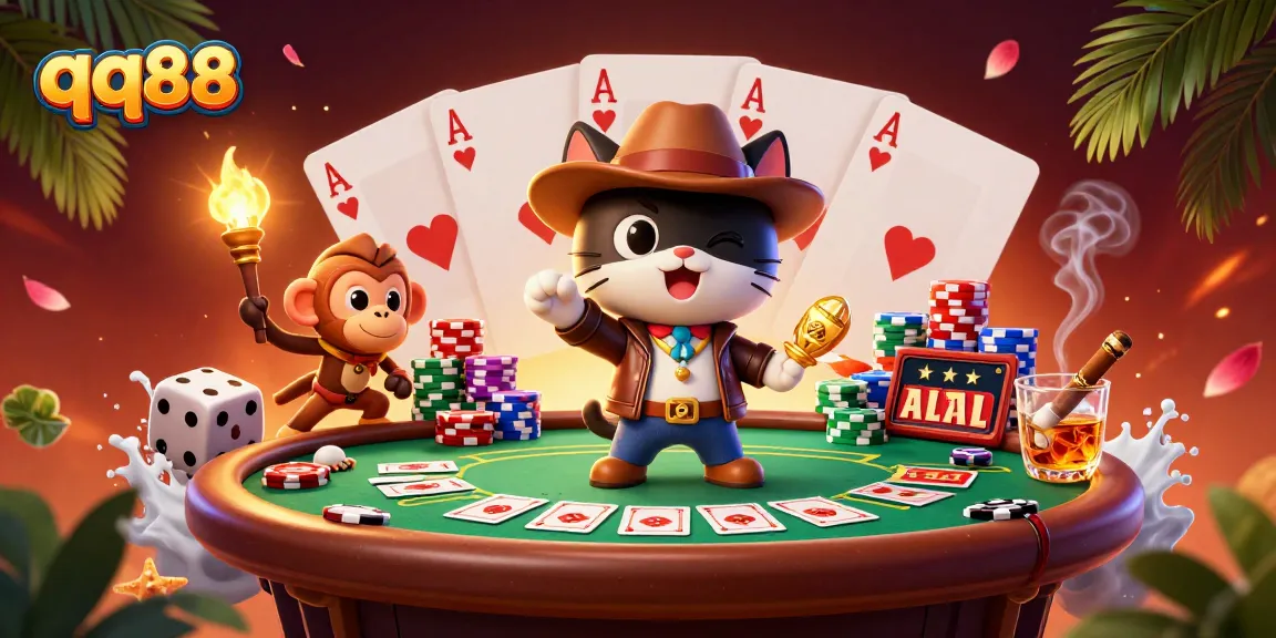 Engage with the exhilarating adventures at qq88 with cartoon explorer cat discovering a golden casino artifact.