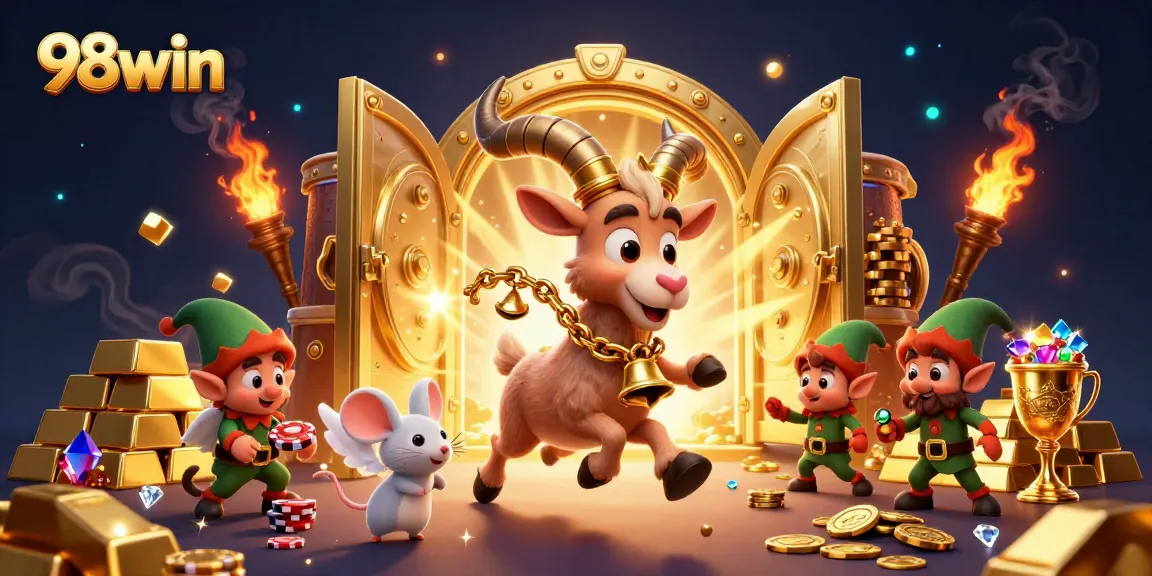 Engage with thrilling games at 98win's vibrant casino, featuring festive characters and glamorous gems.